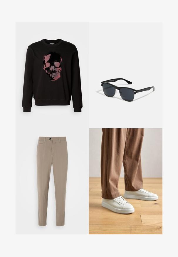 Black sweatshirt featuring a central graphic of a skull in shades of pink and black, with a crew neckline and ribbed cuffs.; Beige tailored trousers with a slim fit, zip fly, and a front pocket. Made from a smooth fabric with a crisp appearance.; Person wearing white textured low-top sneakers and loose brown pants, standing on light wood floor.; Black sunglasses with a rectangular shape, dark lenses, silver accents at the temples, and a matte finish on the frame.