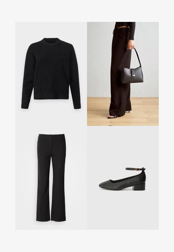 Pulover negru dintr-un material moale, cu decolteu rotund, mâneci lungi și o croială lejeră, având o textură netedă.; Pantaloni negri dintr-un amestec de bumbac, cu un design drept, închidere frontală cu buton și două buzunare laterale. Textură netedă, fără modele vizibile.; Pantof cu toc negru din piele, cu vârf ascuțit și toc mic pătrat. Dispune de o curea la gleznă cu o cataramă în tonuri de aur. Textură netedă.; Genți negre cu o formă structurată, textură netedă și un închizător metalic. Asortată cu pantaloni negri largi și sandale cu vârf deschis pe un podea din lemn.