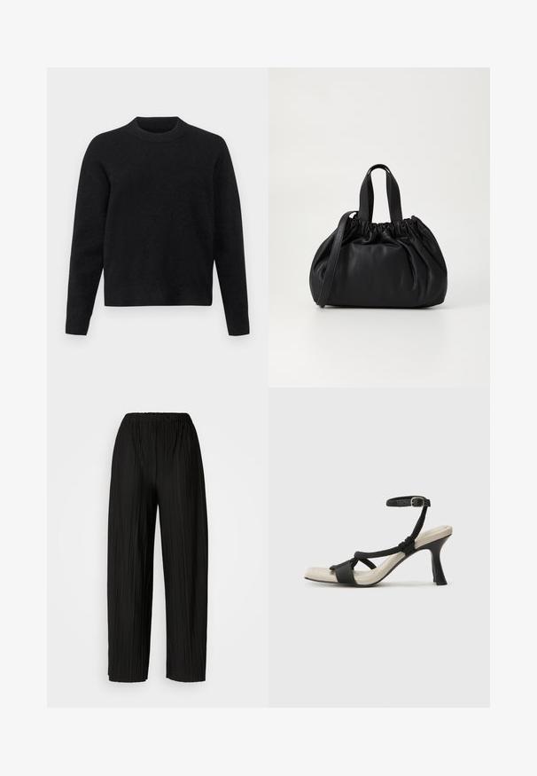 Mustalamalla valmistettu pehmeästä kankaasta, pyöreällä pääntiellä, pitkät hihat ja rento istuvuus, jossa on sileä pinta.; Mustat leveälahkeiset housut, joissa on joustava vyötärö. Kankaassa on pystysuoria poimuja ja sileä pinta.; Mustat korkokengät, joissa on punottuolkaiminen design, neliömäinen kärki ja säädettävä nilkkahihna. Vaaleanbeige jalkapohja ja kiiltävä musta korko.; Musta nahkabag, jossa on kerätty yläosa. Varustettu kahdella lyhyellä kantokahvalla ja pitkällä säädettävällä hihnalla. Sileä pinta, pyöreä muoto.