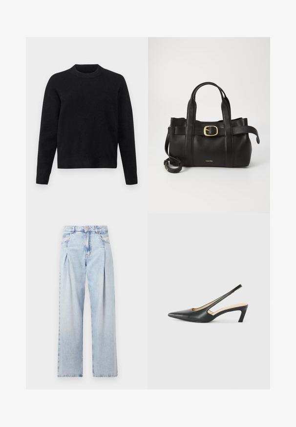 Juodas megztinis, pagamintas iš minkštos medžiagos, su apvalia apykakle, ilgomis rankovėmis ir laisvu siluetu, pasižymintis lygiu paviršiumi.; Šviesiai mėlyni džinsai su aukštu liemeniu, plačiomis kojomis, dviem šoninėmis kišenėmis ir raukinių dizainu. Minkšta tekstūra su nudilusia apdaila.; Juodas smailus slingback batelis su žemu kulnu, pagamintas iš lygaus odos paviršiaus ir su išpjovomis šone, užtikrinančiomis oro pralaidumą.; Juodas odinis rankinės maišas su struktūrizuotu dizainu, dviem viršutinėmis rankenomis, auksinės spalvos sagtimi ir iškilniu prekės ženklu priekyje.