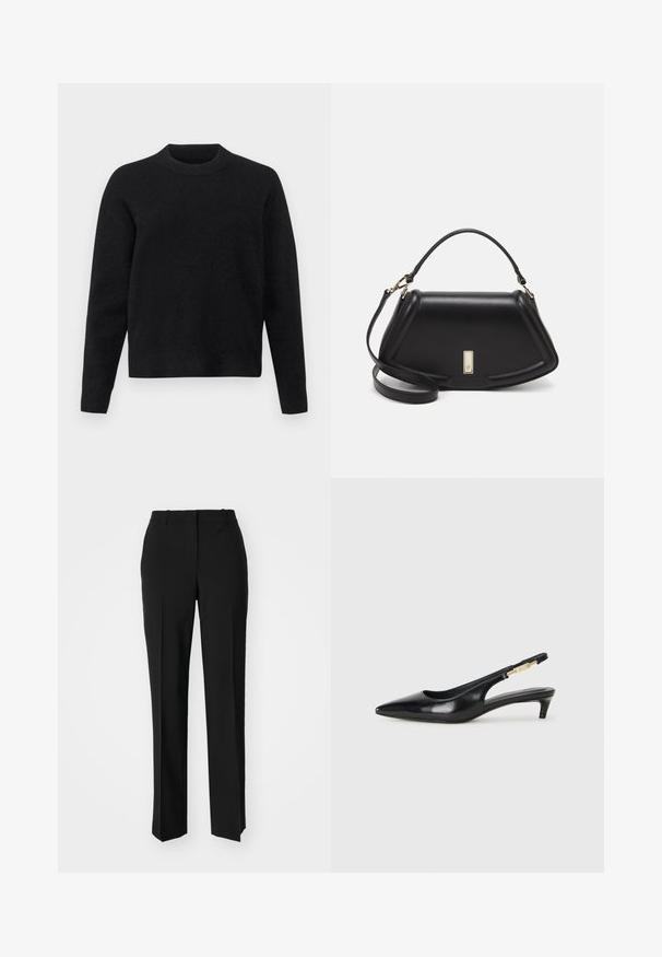 Črna pulover iz mehkega blaga, z okroglim izrezom, dolgimi rokavi in sproščenim krojem, ki se ponaša z gladko teksturo.; Črne krojene hlače s direktnim krojem, ki se ponašajo z gladko teksturo in ostrimi pregibi spredaj. Ni vidne kovine.; Črne usnjene sandale na peto z ostro konico, ki imajo tanko peto in zlat ton na nastavljivem traku. Gladka tekstura.; Črna usnjena torbica s strukturnim dizajnom, ki ima skrajšano obliko, zgornji ročaj in zlate dodatke. Vključena je nastavljiva ramenska naramnica.