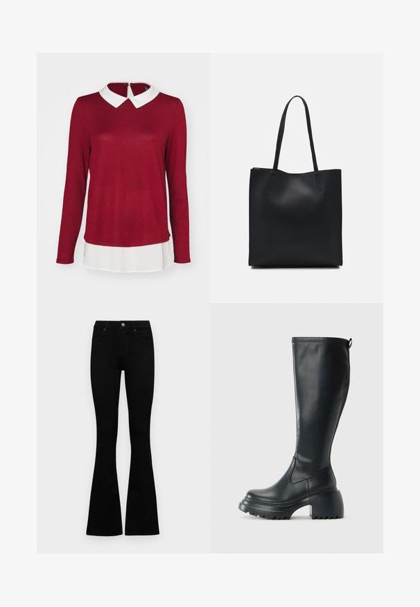 ONLY ONLELCOS SOFT - Pullover - syrah/white; Jean noir évasé en denim. Comprend une fermeture à bouton, cinq poches et une texture lisse. La jambe évasée commence sous le genou.; Botte en cuir noir haute avec semelle plateforme épaisse et talon carré, dotée d'une languette et d'un motif texturé sur la semelle extérieure.; Sac fourre-tout en cuir noir avec une texture lisse, de forme rectangulaire et deux longues poignées. Pas de matériel ou d'ornementations visibles.