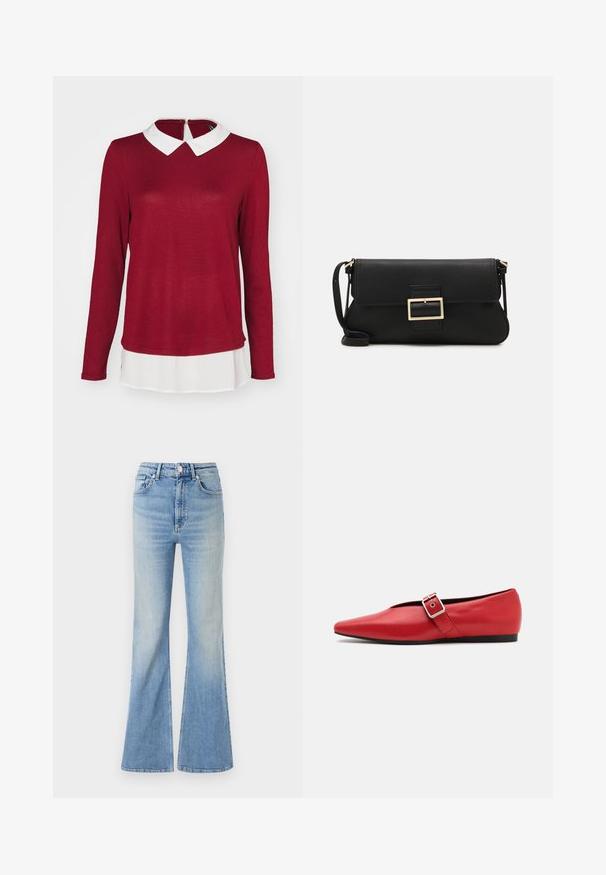 ONLY ONLELCOS SOFT - Svetrík - syrah/white; Svetlomodré rozšírené džínsy vyrobené z denimu, s vysokým pásom, päťpokladňovým dizajnom a jemným gradientným vyblednutím smerom k spodnému okraju.; Červená kožená balerína s špicatou špičkou, vybavená bočným popruhom s kovovou prackou a nízkym čiernym podpätkom. Hladká textura po celom povrchu.; Čierna kožená clutch taška s klopou a zlatým kovovým detailom s prackou. Obsahuje čierny remienok a elegantný, minimalistický dizajn.; Zlaté kruhové náušnice, tenké a okrúhleho tvaru, s hladkým kovovým povrchom a bez ozdôb alebo vzorov.