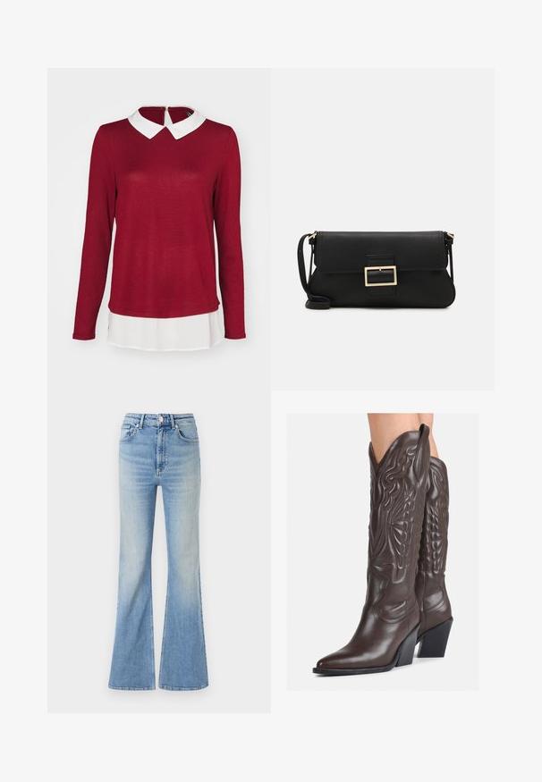 ONLY ONLELCOS SOFT - Džemper - syrah/white; Heledad sinine flared teksapüksid, millel on kõrge vöökoht, viie tasku disain ja peen gradiseeruv hägusus alates hemist.; Pruunid nahast cowboy saapad terava varbaga ja plokk-kandaga, millel on detailne tikand ja kergelt tõstetud aktsendid varrel.; Must haben musta nahkklahviga kott, millel on klapp ja kuldne metallist pandla detail. Kaasas must rihm ja stiilne, minimalistlik disain.; Hõbedased rõngaskõrvarõngad keerutatud disainiga, millel on poleeritud viimistlus ja posti-tagune sulgemine. Diameeter umbes 3 cm.