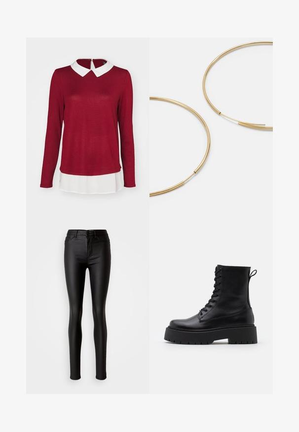 ONLY ONLELCOS SOFT - Džemper - syrah/white; Musta kunstnahast kitsad teksad, millel on sile tekstuur, kõrge vöökoht, nööbiga sulgemine ja traditsiooniline viie tasku disain.; Mustad mustad nahast pahkluu saapad ümarate varvastega, nööridega esiosas ja paksu kummist talla ning tekstuuritud mustriga. Tagumine tõmbeaas.; Kulla värvi nõelad, õhukesed ja ümmargused, millel on sile metallist pind ja ilma kaunistuste või mustriteta.; Must mustra rahakott, millel on voltimisega klapp, kuldne riistvaraga, ning millel on logo aktsent. Sisaldab eemaldatavat rihma kandmiseks.