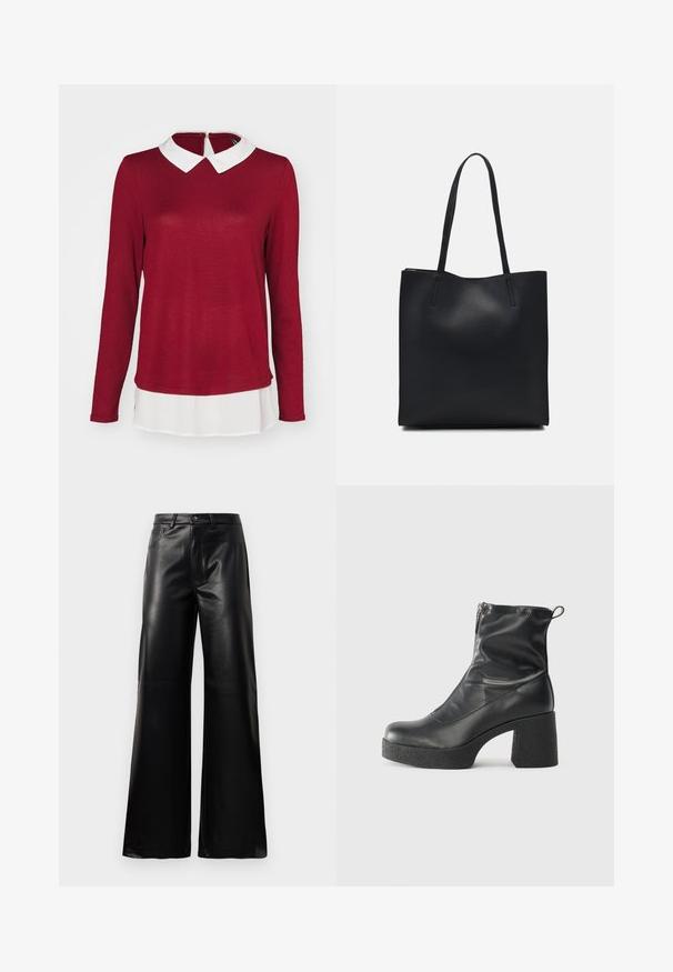 ONLY ONLELCOS SOFT - Strickpullover - syrah/white; Schwarze leichte, weit geschnittene, hochtaillierte Kunstlederhose mit vorderem Knopf, Reißverschluss, Gürtelschlaufen und Seitentaschen auf weißem Hintergrund.; Schwarze Stiefeletten aus glattem Leder mit seitlichem Reißverschluss, klobigem strukturiertem Absatz und runder Zehenform.; Schwarze Laptoptasche aus Leder mit glatter Textur, rechteckiger Form und zwei langen Griffen. Keine sichtbaren Beschläge oder Verzierungen.