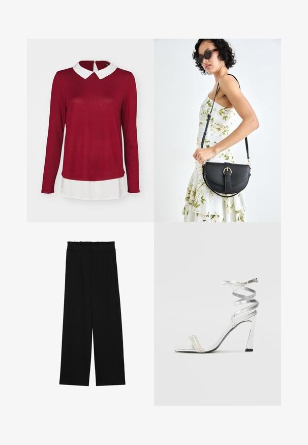 ONLY ONLELCOS SOFT - Jumper - syrah/white; Black wide-leg trousers with a ruffled waistband, featuring two side pockets and a smooth, lightweight fabric. No visible patterns or hardware.; Silver high-heeled sandal with a shiny strap design, featuring a pearl-like accent and a spiraled ankle strap for secure fit.; Black leather handbag with a curved shape, detachable strap, and gold hardware. The bag features a flap with a buckle detail.