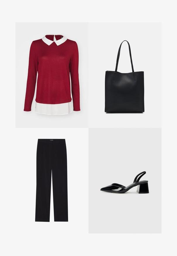 ONLY ONLELCOS SOFT - Pullover - syrah/white; Pantalon en velours côtelé noir avec une coupe droite, doté d'une taille plate et sans poches visibles, texture lisse et détail en côtes verticales.; Escarpins en cuir verni noir avec bout pointu et talon bloc géométrique. Présente un design élégant et minimaliste ainsi qu'une texture lisse.; Sac fourre-tout en cuir noir avec une texture lisse, de forme rectangulaire et deux longues poignées. Pas de matériel ou d'ornementations visibles.