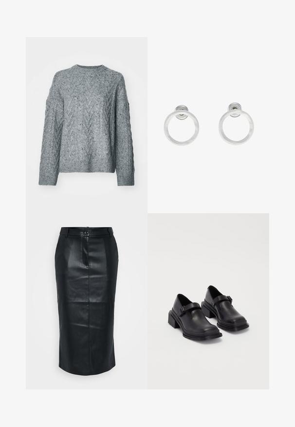 Sivkasta pleteno pulover z vzorcem kabel, okroglo ovratnico ter rebrastimi mansardami in robom. Mehka tekstura z blagim meleranim učinkom.; Črna usnjena svinčnik krilo z visokim pasom, zarezom na hrbtni strani, gladko teksturo in z enim gumbom za zapiranje. Ima prilagojen, tesno prilegajoč dizajn.; Črne usnjene čevlje z zaobljenim nosom, ravnim podplatom in trakcem z zaponko. Debel blokasti petnik za dodatno stabilnost.; Srebrni kovinski obročasti uhani z brušenjem, s krožno obliko in prozornim zatičem za varno nošenje.