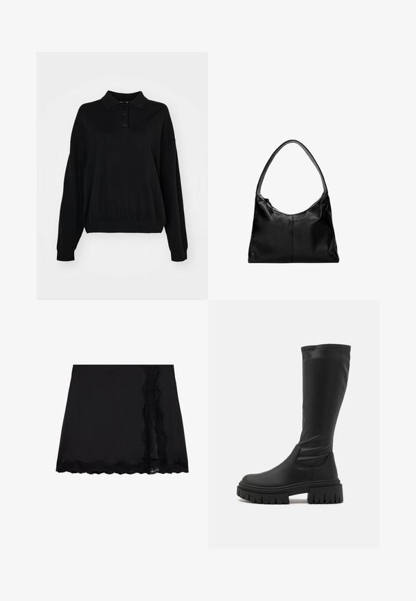Czarny sweter z okrągłym dekoltem, trzema guzikami i luźnymi rękawami. Wykonany z teksturowanej tkaniny z prążkowanym dołem.; Even&Odd - Spódnica mini; Even&Odd - Kozaki na platformie; Czarna skórzana torba na ramię o gładkiej fakturze, zaokrąglonym wierzchu i pojedynczym pasku. Posiada zamek błyskawiczny i minimalistyczny design.