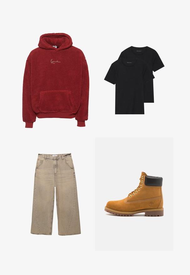 Piros polár kapucnis pulóver texturált felülettel, elülső zsebbel és húzózsinórral. Az elején arany hímzett logó található.; Két fekete pamut póló, rövid ujjú, kerek nyakkivágással és sima textúrával, egymásra rakva bemutatva.; PULL&BEAR MEGA BAGGY - Túlméretezett farmernadrág - light grey; Barna velúr bokacipő fekete párnázott gallérral, arany fém fűzőlyukakkal, fehér varrási részletekkel és durva gumitalppal, amelynek kifejezett barázdái vannak.