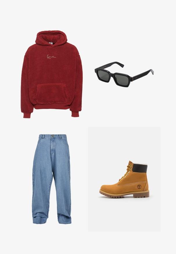 Raudonas flisinis džemperis su tekstūruota paviršiumi, priekyje esančia kišenė ir suvarstoma kapuca. Pakabintas auksinis siuvinėjimas ant krūtinės.; Balta polo marškiniai, pagaminti iš medvilnės. Savybės: klasikinis apykaklė, trijų mygtukų užsegimas ir trumpi rankoviai. Diskretus logotipas išsiuvinėjimas ant krūtinės.; Šviesiai mėlynos džinsinės kelnės su laisvu kirpimu, mygtuko užtrauktuku, priekinėmis kišenėmis ir užlenktais džinsuose, turinčios klasikinį penkių kišenių dizainą.; Rudos odinės aulinės puikiai tinka su metaliniais akmenukais, baltu dirbtiniu kailiu, juodu paminkštintu apvadu, tvirtu padu ir įspaustu logotipu šone.; Juodi, kvadratiniai akiniai nuo saulės su pilkais lęšiais. Stori plastikiniai rėmeliai su auksiniais akcentais ir prekės ženklu ant smilkinių. Lygus paviršius.