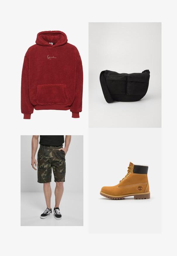Czerwony polarowy hoodie o teksturowanej powierzchni, z kieszenią z przodu i kapturem ze sznurkiem. Posiada złote haftowane logo na klatce piersiowej.; Szorty cargo w kamuflażu z kieszeniami cargo, wykonane z tkaniny plecionej w odcieniach zieleni i brązu. W zestawie z czarnymi sneakersami z białymi sznurowadłami.; Brązowy skórzany but za kostkę z metalowymi oczkami, białym futerkiem w środku, czarnym wyściółką, solidną podeszwą i wytłoczonym logo po boku.; Czarny torba na ramię z kordurowego materiału z regulowanym paskiem, z przednimi kieszeniami i miękką teksturą. Kompaktowy design z minimalnymi detalami.