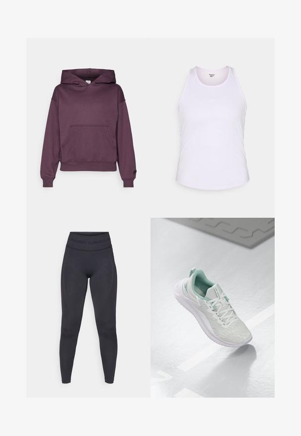 Fabletics COZY HOODIE - Kapuzenpullover - deep plum; Weißes Sport-Tanktop mit rundem Ausschnitt, dünnen Trägern und einem dezenten lila Akzent. Auf der Vorderseite befindet sich ein kleines Reebok-Logo.; Schwarze Leggings mit einem hohen, elastischen Bund, der den Schriftzug "UNDER ARMOUR" trägt. Glatte Textur mit subtilen Musterakzenten entlang der Beine.; Hellgraue Sportchuhe mit einem strukturierten Strickoberteil, mintgrünen Akzenten, weißen Schnürsenkeln, Gummisohle und einer Schlaufe an der Ferse.