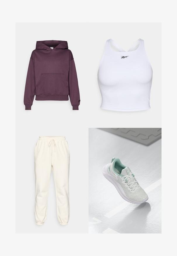 Fabletics COZY HOODIE - Hanorac - deep plum; Top sportiv alb, dintr-un material neted și elastic. Prezintă un design cu spatele încrucișat și un mic logo negru pe față.; Pantaloni de trening de culoare crem, dintr-un material moale, cu talie elastică și șnur, buzunare laterale și mansete înguste la glezne.; Pantof de sport gri deschis, cu un material tricotat texturat, accente verde menta, șireturi albe, talpă din cauciuc și o bucată pentru tragere la călcâi.