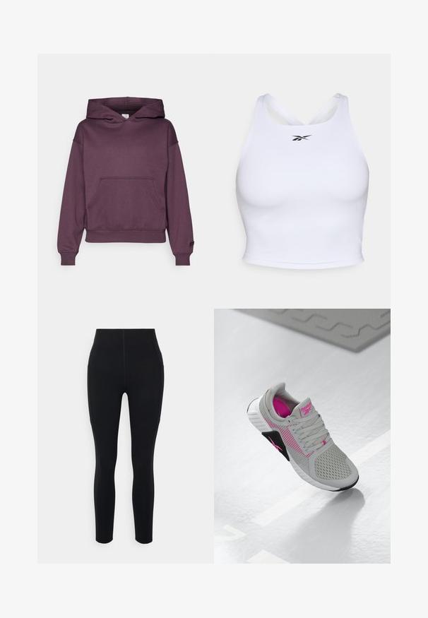 Fabletics COZY HOODIE - Sweatshirt com capuz - deep plum; Top crop desportivo branco feito de tecido liso e elástico. Apresenta um design de costas cruzadas e um pequeno logótipo preto na frente.; Leggings pretos de cintura alta feitos de material elástico, com bolsos laterais e costuras suaves para uma aparência elegante.; Sapatilha atlética Reebok em cinza e rosa com parte superior em malha e sola detalhada, exposta sobre uma superfície branca reflexiva.