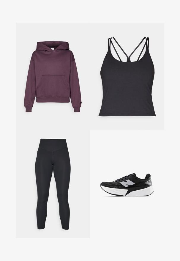 Fabletics COZY HOODIE - Kapucnis pulóver - deep plum; Fekete ujjatlan felső vékony pántokkal, hátul keresztbe fonott dizájnnal. Puha, rugalmas anyagból készült, formás szabású.; Fekete leggings magas derékkal, sima textúrával és testhezálló fazonnal. Lapos varrásokkal és teljes hosszúságú takarással rendelkezik, minták nélkül.; Fekete-fehér New Balance futócipő vastag talppal, hálós felsőrésszel és "N" logóval az oldalon, külső nézetből.