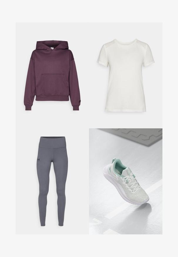 Fabletics COZY HOODIE - Hættetrøje - deep plum; Hvid kortærmet t-shirt lavet af blødt stof, med en rund halsudskæring og en afslappet pasform med glatte, sømløse skulderdetaljer.; Grå atletiske leggings lavet af glat, strækbart materiale. Høj talje og tætsiddende ben. Sort logo på venstre hofte. Ingen synlige sømme.; Lys grå sportsko med en struktureret strikket overdel, mintgrønne accenter, hvide snørebånd, gummisål og en løkke ved hælen.