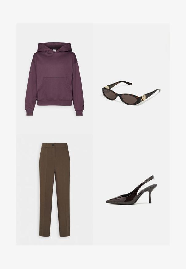 Fabletics COZY HOODIE - Kapuzenpullover - deep plum; Gerade geschnittene braune Hosen mit Gürtelschlaufen und einem einzelnen Frontknopfverschluss, auf einem weißen Hintergrund präsentiert.; Slingback-Pumps aus glänzendem dunklen braunen Lackleder, mit spitzer Zehenpartie, offenen Seiten und verstellbarem Knöchelriemen.; Schildpatt-Sonnenbrille mit länglich-ovalen Gläsern, braunem Farbton, goldenen Logo-Akzenten an den Bügeln und schlanken schwarzen Bügeln.; Bordeauxfarbene Handtasche mit einer geschwungenen Silhouette und einem kurzen Trageriemen, ausgestattet mit einem goldenen Reißverschluss und einem dezenten Calvin Klein-Logo auf der Vorderseite.
