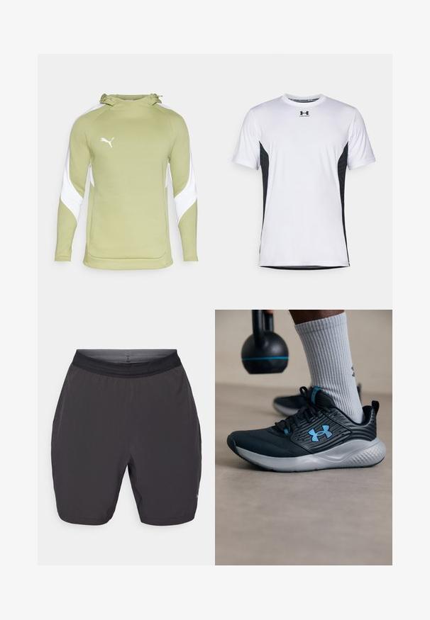 Light green hoodie with white accents and a kangaroo pocket. Features a drawstring hood and a white Puma logo on the chest.; Under Armour CHALLENGER PRO SS - Sports T-shirt - white/black; Gray athletic shorts made of lightweight fabric. Features an elastic waistband, side pockets, and smooth texture. No visible patterns.; Black athletic shoe with blue accents, textured upper, and gray sole. Worn with gray ribbed socks, beside a black kettlebell.