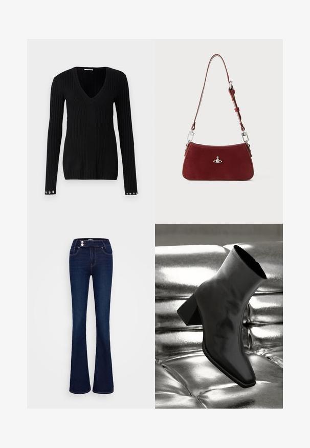 Mustra mustra mustra lange varrukad, V-kaelus ja hõbedased nööbid mansettides. Pehme tekstuur ja keha lähedane disain.; Tumedad sinised laiad teksapüksid, millel on kõrge talje, kaks eesmist taskut ja kaks nööbikinnitust. Valmistatud siledast denimist.; Must musta narmand, läikiva materjali ja ruudukujulise varbaga ning kitseneva kontsaga, paigutatud läikiva hõbedaselt tuftitud tausta ette.; Punane sule nahast õlakott, millel on kaarjas kuju. Omab hõbedast detaili ja reguleeritavat rihma koos riistade kaunistustega. Sile tekstuur.