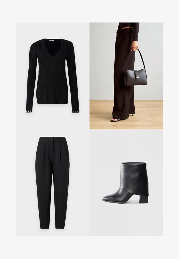 Svart ribbad stickad tröja med V-ringning, långa ärmar och silverfärgade knappar på ärmsluten. Mjuk textur och åtsittande design.; Svarta byxor med rak passform, med veck fram, en slät textur och sidofickor. Midjan har standardhöjd.; Svart läder ankelboot med spetsig tå, slät textur och en strukturerad blockklack. Har en hög, vikbar krage.; Svart handväska med strukturerad form, slät yta och metallspänne. Matchad med vida svarta byxor och sandaler med öppen tå på trägolv.