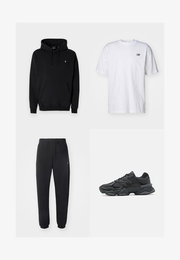 Hanorac negru dintr-un amestec de bumbac, cu buzunar tip kangaroo, glugă cu șnur, manșete dantelă și un mic logo pe partea stângă a pieptului.; Cămașă albă cu mânecă scurtă și gât rotund, cu un mic logo Negru New Balance pe partea stângă a pieptului, pe un fundal simplu.; Pantaloni de trening negri, dintr-un material moale, cu talie elastică, șnur de ajustare și manșete tapered, având un logo discret pe lateral.; Pantofari de alergare negri, cu un amestec de plasă și materiale sintetice, talpă masivă, design curbat și branding proeminent pe lateral.