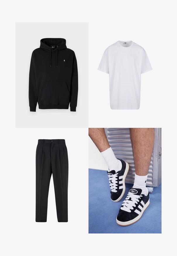 Black hoodie made of cotton blend with a kangaroo pocket, drawstring hood, ribbed cuffs, and a small logo on the left chest.; White cotton t-shirt with short sleeves, rounded neckline, relaxed fit, and no visible logos or patterns. Smooth texture and minimal design.; Black trousers with a pleated front design, made from smooth fabric. Features a button closure and belt loops; straight-leg fit.; Black suede sneakers with white laces and three white stripes. Features a circular black logo on the tongue and a gum rubber sole.