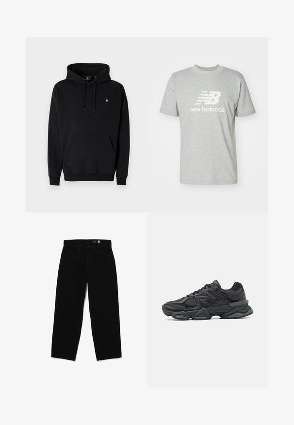 Haut à capuche noir en mélange de coton avec une poche kangourou, un cordon de serrage, des poignets côtelés et un petit logo sur la poitrine gauche.; T-shirt en coton gris clair avec des manches courtes, un col rond et un logo "New Balance" blanc bien en évidence sur le devant.; Jean noir en denim droit avec fermeture à bouton, cinq poches et une texture lisse. Étiquette visible à l'intérieur de la taille indiquant la taille 32.; Chaussure de course noire mettant en avant un mélange de mesh et de matériaux synthétiques, avec une semelle épaisse, un design arrondi et un logo bien visible sur le côté.
