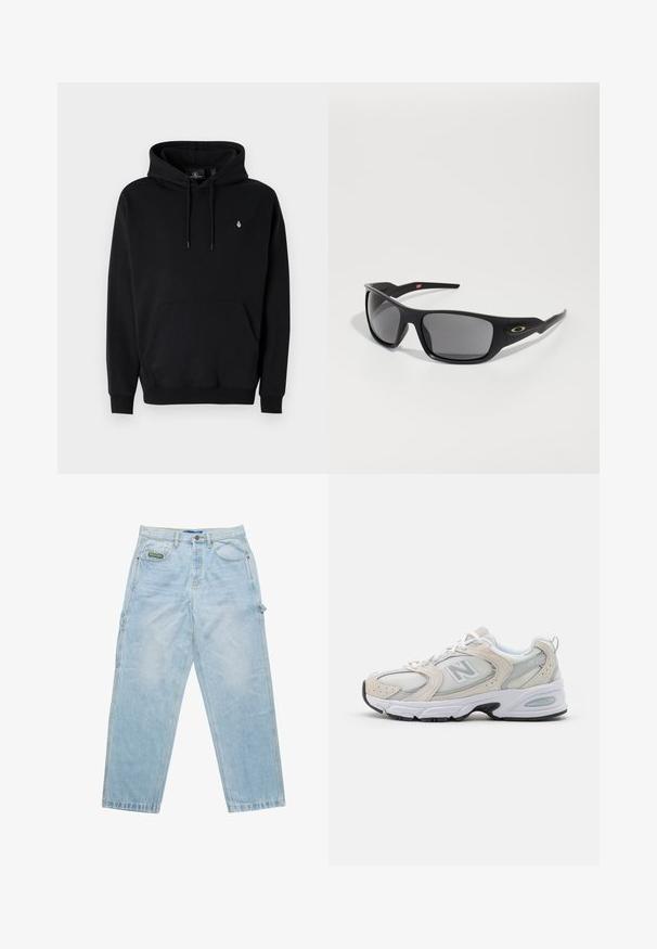 Black hoodie made of cotton blend with a kangaroo pocket, drawstring hood, ribbed cuffs, and a small logo on the left chest.; Light blue denim jeans with a loose fit, five-pocket design, and visible stitching. Features a brand label on the front pocket.; Athletic shoe featuring a light gray mesh upper with suede accents, white laces, and a black rubber sole. Notable ABZORB cushioning detail.; Black sunglasses with a rectangular shape, made of durable plastic, featuring gray tinted lenses and a gold accent on the side.