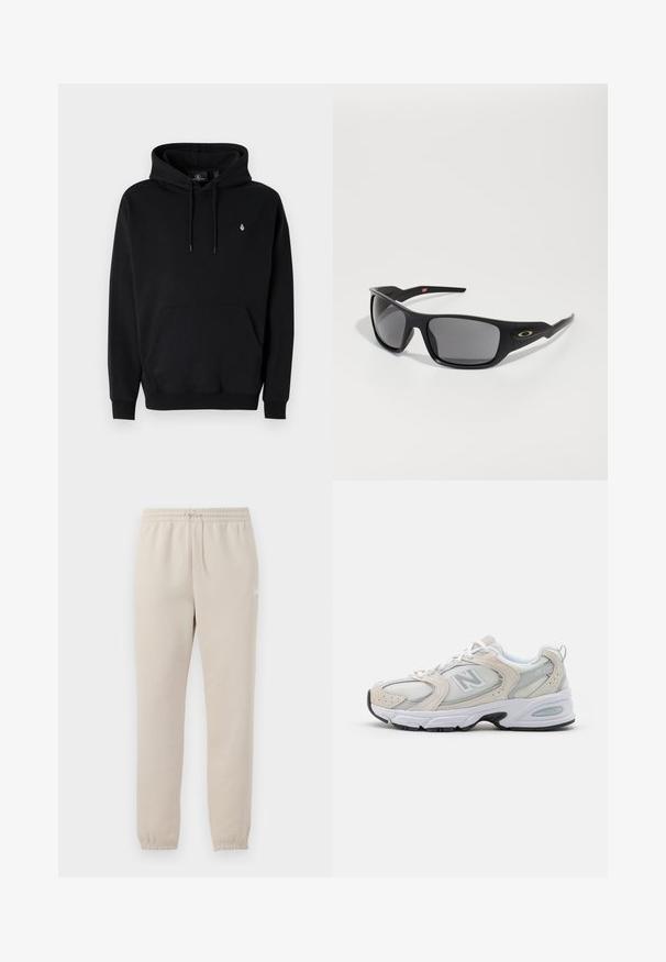 Black hoodie made of cotton blend with a kangaroo pocket, drawstring hood, ribbed cuffs, and a small logo on the left chest.; Light beige sweatpants made of soft fabric with an elastic waistband, adjustable drawstring, and tapered cuffs at the ankles.; Athletic shoe featuring a light gray mesh upper with suede accents, white laces, and a black rubber sole. Notable ABZORB cushioning detail.; Black sunglasses with a rectangular shape, made of durable plastic, featuring gray tinted lenses and a gold accent on the side.