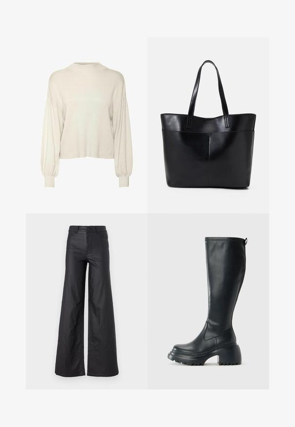 Bēškrāsas, īsa džemperis ar ribota raksta tekstūru, garām puff piedurknēm un augstu apkakli. Mīksta auduma, brīva piegriezuma.; Melni, plata kāju bikses no mākslīgās ādas. Iespējas ietver augstu jostasvietu, jostu cilpas, divas priekšu kabatas un izšuvumu detaļas.; Augstas melnas ādas zābakus ar masīvu platformu un bloka papēdi, ar vilkšanas cilpu un strukturētu profilu uz ārējā zoles.; Melnas ādas iepirkumu soma ar divām garām rokturām, gludu tekstūru un strukturētu formu. Iekļauj priekšējo kabatu papildu uzglabāšanai.