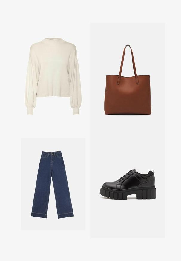 Off-white, cropped trui met ribbelstructuur, lange pofmouwen en een hoge halslijn. Zachte stof met een relaxte pasvorm.; Wide-leg jeans in donkerblauwe denim. Voorzien van vijf zakken, riemlussen en een rauwe zoom onderaan met zichtbare stikseldetails.; Zwarte leren platform schoenen met een stevige blokhak, ronde neus en een traditionele vetersluiting. Kenmerkt zich door een gladde textuur en minimale details.; Bruine leren tote bag met een gladde textuur, een ontwerp met een open bovenkant en twee schouderbanden. Kenmerkt zich door minimale stiksels en geen zichtbare hardware.