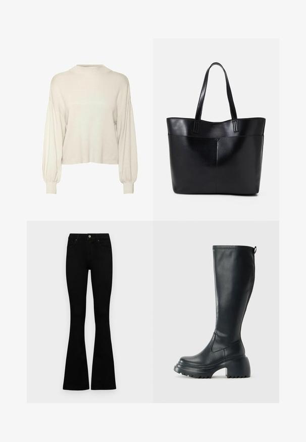 Sweter w kolorze off-white, skrócony, z prążkowaną teksturą, długimi bufiastymi rękawami i wysokim dekoltem. Wykonany z miękkiego materiału, o luźnym kroju.; Czarne, wysokie dżinsy z guzikem i zamkiem błyskawicznym, z przednimi kieszeniami i rozszerzanymi nogawkami, leżące płasko na białym tle.; Wysokie czarne skórzane botki z masywną platformą i słupkowym obcasem, z uchwytem i teksturowanym bieżnikiem na podeszwie.; Czarna skórzana torba na ramię z dwoma długimi uchwytami, gładką teksturą i sztywną formą. Posiada przednią kieszeń dla dodatkowego przechowywania.