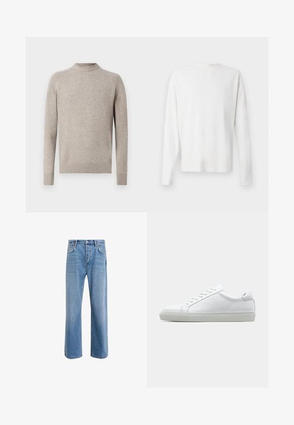 Sweater cinza claro feito de tecido macio. Apresenta um decote redondo canelado, mangas longas e uma bainha canelada ajustada. Sutil logotipo no peito.; Camisa de algodão branca de mangas longas com decote redondo, fendas laterais na parte inferior e uma textura suave, mostrada de trás.; Calças de ganga azul claro com um design de perna reta, cinco bolsos, fecho de botão, desgaste mínimo e detalhes de costura em contraste.; Sapatilha branca com um cabedal em couro liso e de perfil baixo. Apresenta um bico redondo, seis ilhoses e uma sola de borracha texturizada.