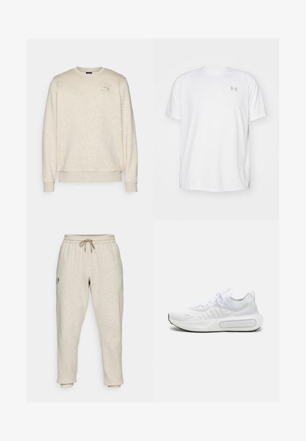 Beige sweatshirt i blødt, tekstureret stof med rund hals, ribkantede ærmer og kant. Har et lille logo på venstre bryst.; Hvid kortærmet sportsbluse lavet af glat stof. Har en rund halsudskæring og et gråt logo på venstre bryst, samt slidser i siderne ved kanten.; Beige sweatpants i blødt, struktureret stof med elastisk talje og snøre. Har et side-logo og tapered ankler for en afslappet pasform.; Hvid atletiksko med et struktureret strikoverdel, snørelukning, polstret sål og et karakteristisk branddetalje på siden.