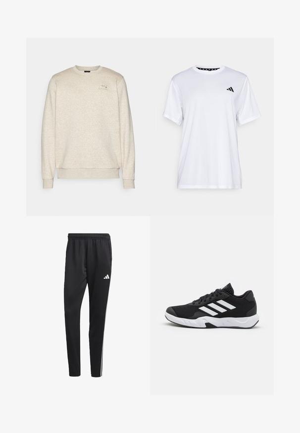 Sudadera beige de tejido suave y texturizado, con cuello redondo, puños y dobladillo acanalados. Presenta un pequeño logo en el lado izquierdo del pecho.; Camiseta atlética blanca de manga corta, hecha de una tela que absorbe la humedad. Presenta un logo negro en el lado izquierdo del pecho y un cuello interior con un diseño estampado.; Pantalones deportivos negros con una cinturilla elástica, rayas laterales blancas y un pequeño logo blanco en el muslo. Fabricados con un material suave y ligero.; Zapatillas deportivas negras con una parte superior de malla texturizada, rayas de acento blancas, suela acolchada y talón reforzado para mayor soporte.