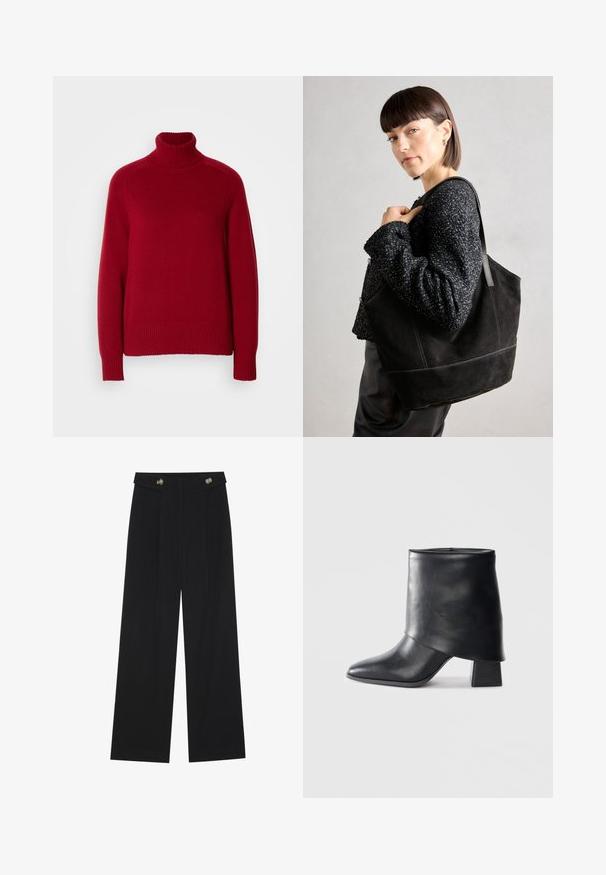 Sarkans augstais kakls džemperis ar ribotām piedurknēm un apakšu, izgatavots no mīksta adījuma materiāla, ar brīvu piegriezumu un izteiktām šuvēm.; Melnas platās bikses ar augstu jostasvietu, pogu detaļām uz jostas un priekšējām krokām.; Melnas ādas potītes zābaki ar norādītu purngalu, gludu tekstūru un strukturētu blokveida papēdi. Iezīmē augstu, salocītu apkakles dizainu.; Melnas zamšādas somiņa ar gludu tekstūru, strukturētu formu un kontrastējošu šuvumu. Aprīkota ar garām siksnām pleca nēsāšanai.