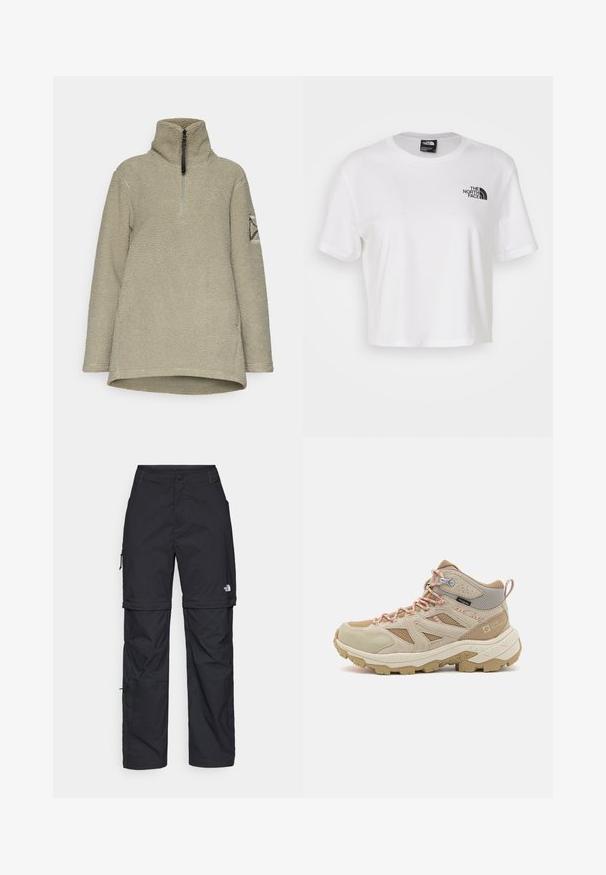Pullover in fleece di un verde oliva chiaro, con colletto alto, chiusura a mezza zip e tessuto testurizzato. Decorato con una toppa geometrica sulla manica.; T-shirt bianco cropped in cotone con scollo rotondo e maniche corte. Presenta un logo nero sul lato sinistro del petto.; Pantaloni cargo in nylon nero con zip rimovibile, polsini regolabili, molteplici tasche e un logo sulla gamba destra. Tessuto liscio e leggero.; Scarponi da trekking beige realizzati in materiali mesh e suede. Presentano lacci arancioni, una parte superiore testurizzata e una suola robusta per una maggiore aderenza.