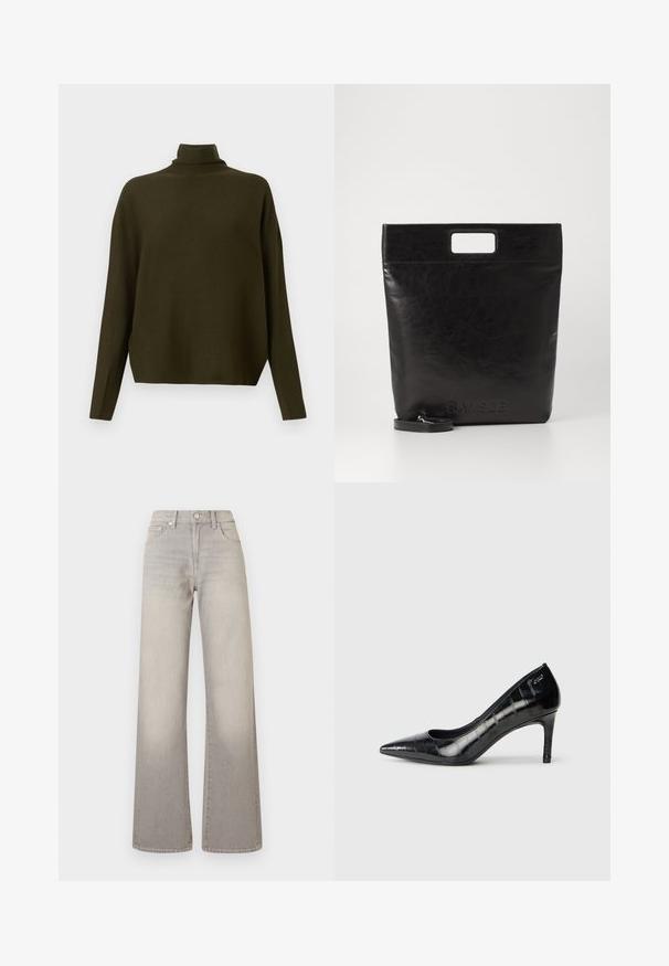 Dunkelolivgrüner, langärmeliger Strickpullover mit hohem Kragen und lockerer Passform, vor einem schlichten, hellen Hintergrund präsentiert.; Graue weit geschnittene Jeans mit einem verblassten Finish, Knopfverschluss, fünf Taschen und gestickten Details entlang der Nähte.; Schwarze spitz zulaufende High Heels mit glänzender Oberfläche und subtilem Texturmuster. Verfügt über einen moderaten Absatz und ein offenes Schlüpfen-Design.; Schwarze Leder-Tote-Tasche mit einem quadratischen Griff, ausgestattet mit einer strukturierten Oberfläche und geprägtem Logo. Inklusive abnehmbarem Tragegurt.