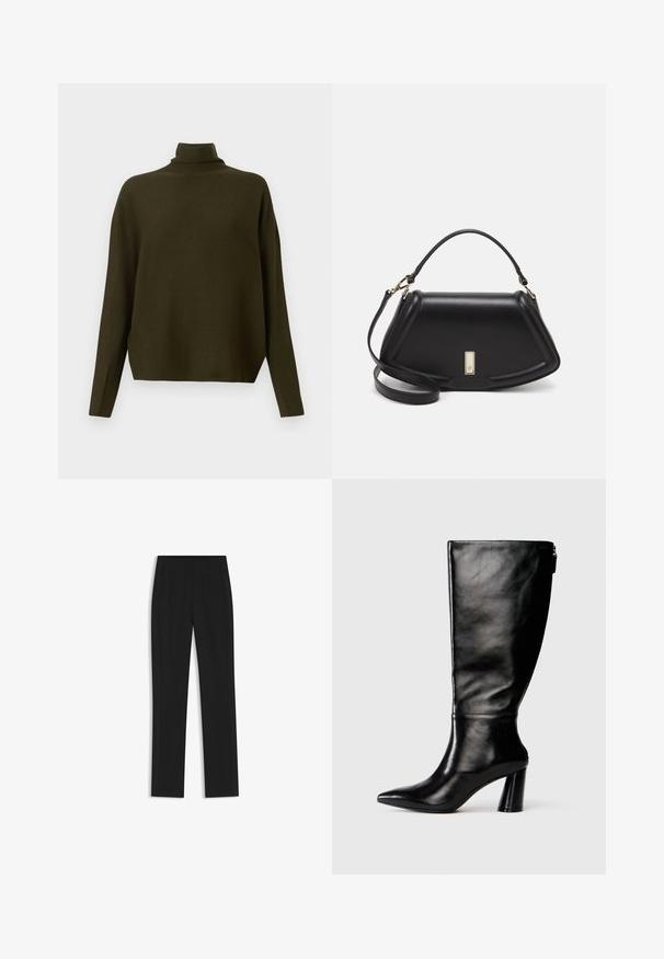 Dark olive green long-sleeve knit sweater with a high neck and relaxed fit, displayed against a plain light background.; Black tailored trousers with a straight-leg design, featuring front pockets and a smooth, textured fabric. Neat, minimal detailing.; Knee-high black leather boot with a pointed toe, smooth texture, and a chunky heel. Features a zipper detail at the back.; Black leather handbag with a structured design, featuring a cropped shape, top handle, and gold hardware accent. Adjustable shoulder strap included.