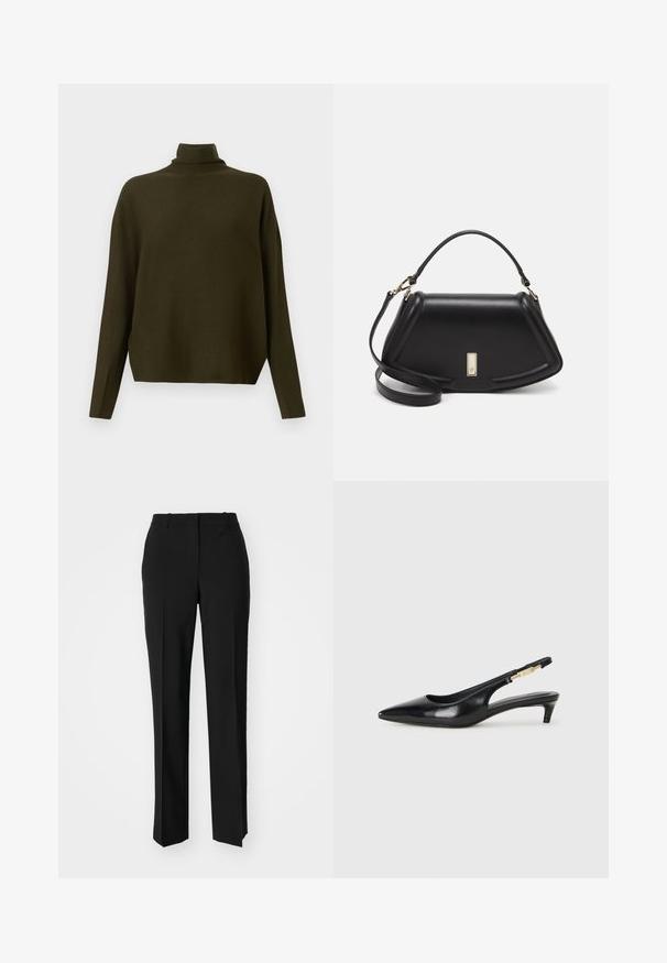 Długi sweter z dzianiny w ciemnooliwkowym kolorze, z wysokim kołnierzem i luźnym krojem, prezentowany na jasnym, jednolitym tle.; Czarne spodnie o dopasowanym kroju z prostymi nogawkami, o gładkiej fakturze i wyraźnych zagięciach z przodu. Bez widocznych elementów metalowych.; Czarne skórzane szpilki typu slingback z ostrym noskiem, posiadające smukły obcas i złoty akcent na regulowanym pasku. Gładka tekstura.; Czarna skórzana torebka o strukturalnym designie, z przyciętą formą, górnym uchwytem i złotymi akcentami. W zestawie regulowany pasek na ramię.