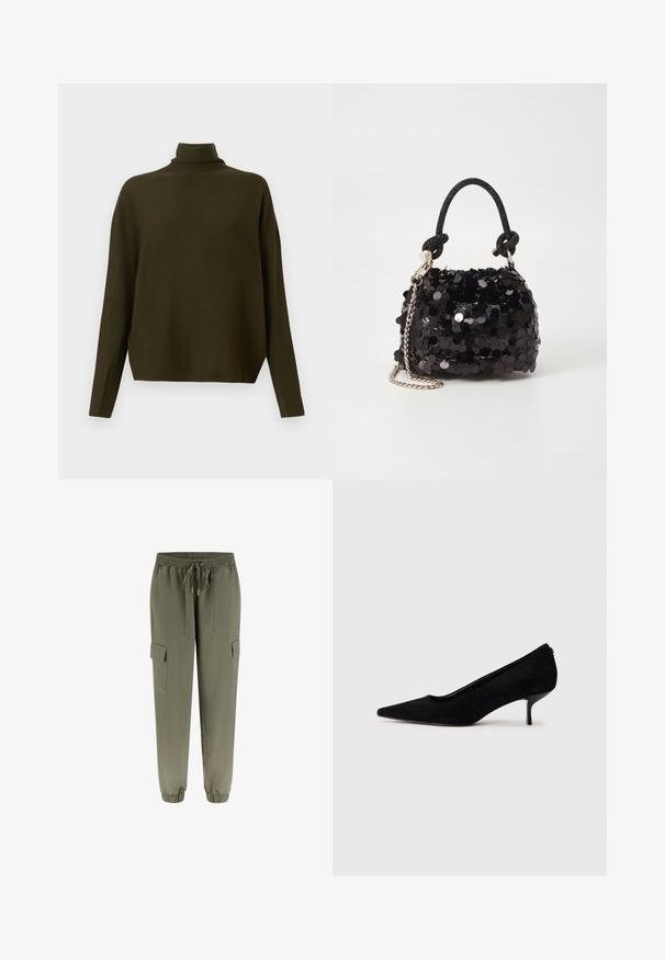 Pulover tricotat lung cu mânecă lungă, de culoare verde măsliniu închis, cu guler înalt și croiala lejeră, expus pe un fundal simplu de culoare deschisă.; Pantaloni cargo de culoare verde măsliniu, cu un brâu elastic și șnur, având mai multe buzunare și manșete înguste la gleznă.; Pantofii cu toc înalt din suede negru, cu vârf ascuțit și un toc subțire, jos. Textură netedă, cu un design elegant, fără hardware vizibil.; Geantă mini neagră cu paiete, cu un umar texturat înnodat și un lanț argintiu. Formă rotundă cu partea de sus adunată și detalii reflectorizante.