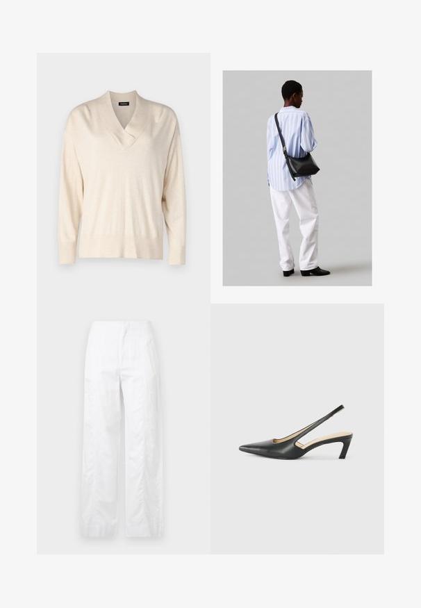 Beige V-nyakú pulóver hosszú ujjal. Puha, könnyű anyagból készült. Kényelmes fazonú, bordás mandzsettákkal és aljjal rendelkezik.; Fehér, széles szárú nadrág könnyű anyagból, sima textúrával, letisztult vonalakkal és magasderék kialakítással.; Fekete, hegyes orrú, slingback cipő alacsony sarkával, sima bőrből készült, oldalt kivágott deisgnal a légáteresztőképesség érdekében.; Fekete bőr válltáska puha tapintással, háromszög alakú, állítható pánttal, világoskék csíkos inggel és fehér nadrággal párosítva.