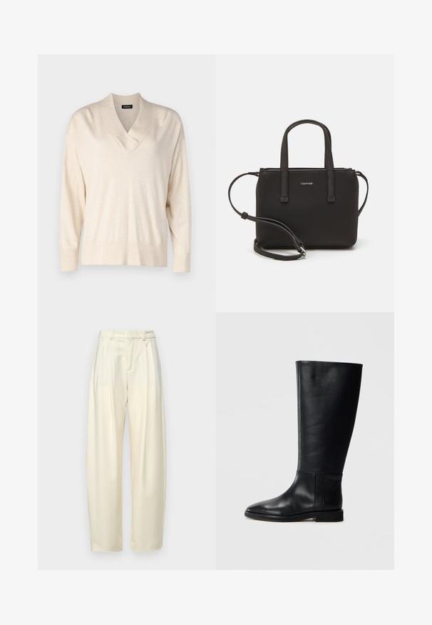 Beige Pullover mit V-Ausschnitt und langen Ärmeln. Hergestellt aus einem weichen, leichten Stoff. Verfügt über eine lockere Passform und gerippte Bündchen sowie Saum.; Plissierte, hoch taillierte Hose aus leichtem Creme-Stoff. Verfügt über einen geraden Schnitt und eine glatte Textur. Keine Taschen oder sichtbare Beschläge.; Schwarze Lederstiefel bis zum Knie mit runder Zehenform, glatter Textur, minimalistischem Design und flacher Sohle. Einfache Nahtdetails am Schaft.; Schwarze Handtasche mit zwei kurzen, doppelt geflochtenen Griffen und einem abnehmbaren Schulterriemen. Glattes, lederähnliches Material mit einem Reißverschluss und Logodetail.