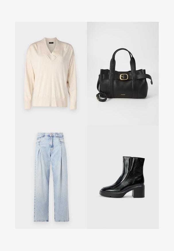 Beige genser med V-hals og lange ermer. Laget av myk, lettvektig stoff. Har en avslappet passform og ribbestrikkede mansjetter og hem.; Lyseblå denimjeans med høy livlinje, vide ben, to sidelommer og plisserte detaljer. Myk tekstur med en falmet finish.; Sorte lakkskinn ankelstøvler med buet tå, elastiske sidestykker og en chunky klossheel. Har preget logo på baksiden.; Svart lærveske med en strukturert design, doble topphåndtak, gullfarget spenneakent og preget merke-logo foran.