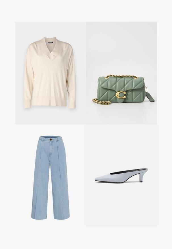 Pull beige avec un col en V et des manches longues. Fabriqué en tissu doux et léger. Présente une coupe décontractée et des poignets et un ourlet côtelés.; Jeans larges en denim bleu clair, dotés d'une fermeture à bouton et de deux coutures frontales verticales.; Mule en cuir verni bleu clair avec un orteil pointu, un petit talon transparent et un design épuré mettant en valeur une découpe au cou-de-pied.; COACH TABBY SHOULDER BAG 20 WITH PILLOW QUILTING - Sac bandoulière - sage