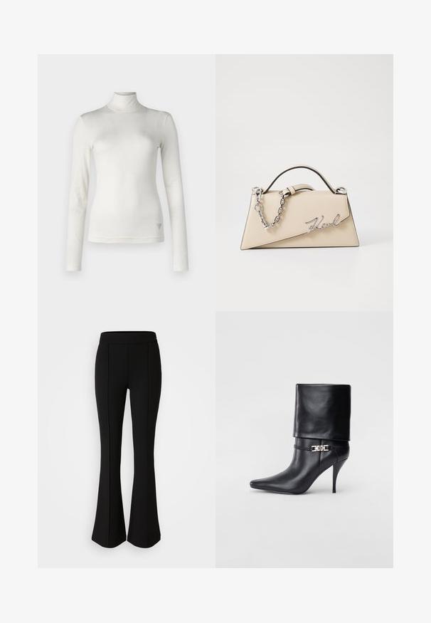 Weißes langärmeliges Rollkragenoberteil aus weichem Stoff mit glatter Textur. Verfügt über einen dezenten Logoakzent an der unteren Seite.; Schwarze, ausgestellte Hose aus einem dehnbaren Material mit glatter Textur, ausgestattet mit Nahtdetails an der Vorderseite für ein zusätzliches Designelement.; Schwarze Leder-Ankle-Boots mit spitzer Zehenpartie, hohen Stiletto-Absätzen, umgeschlagenem Schaft und einem goldenen dekorativen Schnallen-Detail an der Knöchel.; Beige Leder-Handtasche mit einer strukturierten, dreieckigen Form, ausgestattet mit einem silbernen Kettenhenkel und einem geschwungenen Logo aus Metall.