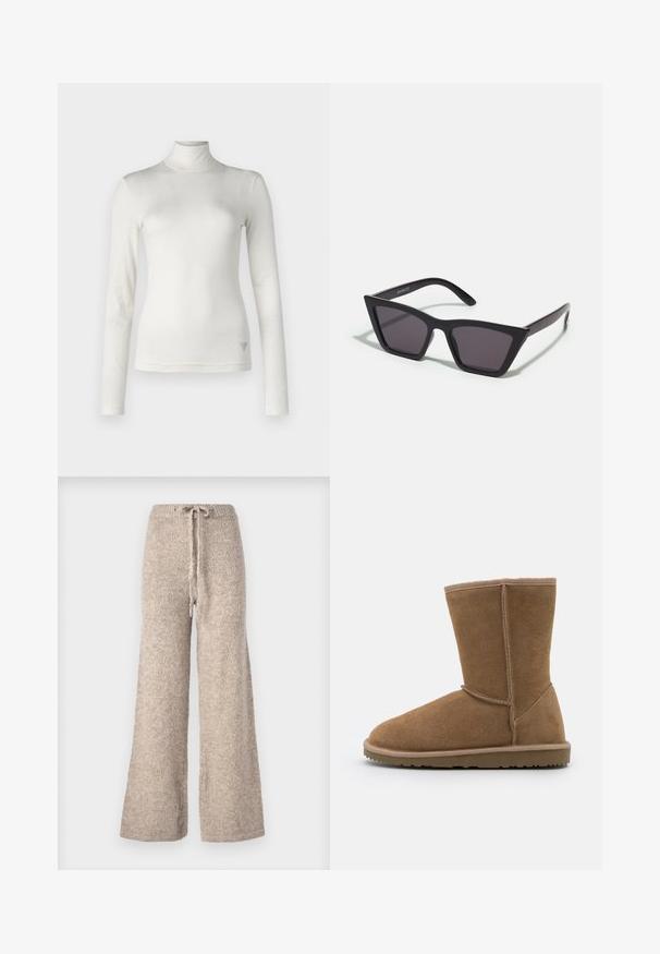 Maglione a collo alto bianco a maniche lunghe realizzato in un tessuto morbido con una superficie liscia. Presenta un sottile logo accentato sul lato inferiore.; Pantaloni beige a gamba larga realizzati in tessuto a maglia testurizzata, con vita regolabile e vestibilità comoda.; Stivale alla caviglia in suede marrone con punta tondeggiante, cuciture verticali e suola piatta in gomma. Il design presenta cuciture attorno all'apertura.; Occhiali da sole neri e angolari con lenti grigie; realizzati in plastica, con aste spesse dalla superficie liscia e senza hardware visibile.