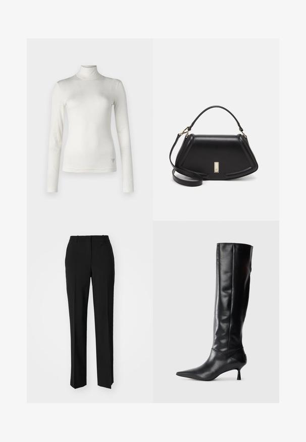 Tricou alb cu mânecă lungă și guler înalt, realizat dintr-un material moale, cu o textură netedă. Prezintă un accent subtile al logo-ului pe partea inferioară.; Pantaloni negri tailor-ed cu un design drept, având o textură fină și cute clare pe față. Fără elemente de prindere vizibile.; Botine negre din piele, până la genunchi, cu vârf ascuțit și toc subțire, curbat. Textură netedă, design ajustat și fără elemente de prindere sau modele vizibile.; Geantă de umăr din piele neagră, cu un design structurat, având o formă tăiată, mânere superioare și accente din aur. Include o curea de umăr ajustabilă.